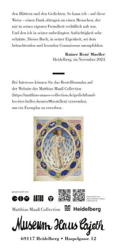 Einladung: Rainer René Mueller, LES TRÈS BELLES HEURES, Buchvorstellung & Lesung, 21. Februar 2025 · 19 Uhr, Museum Haus Cajeth Heidelberg. Seite 4.